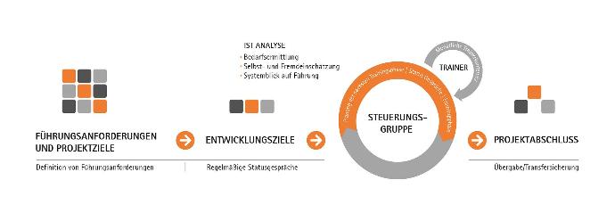 Grafik die zeigt die Führungsanforderung mit der IST Analyse mit den Zielen und die ablauf von Steuerung einer Gruppe um ein Projektabschluss.